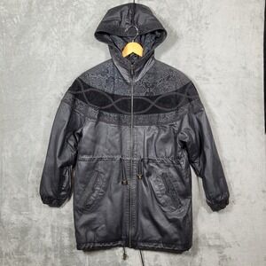 Charles Klein Womens Small Black Leather Hooded Parka Jacket Paisley Suede Trim